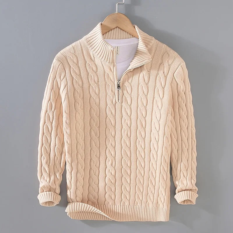 Strickpullover mit Zopfmuster und Reißverschluss-Kragen