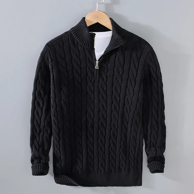 Strickpullover mit Zopfmuster und Reißverschluss-Kragen